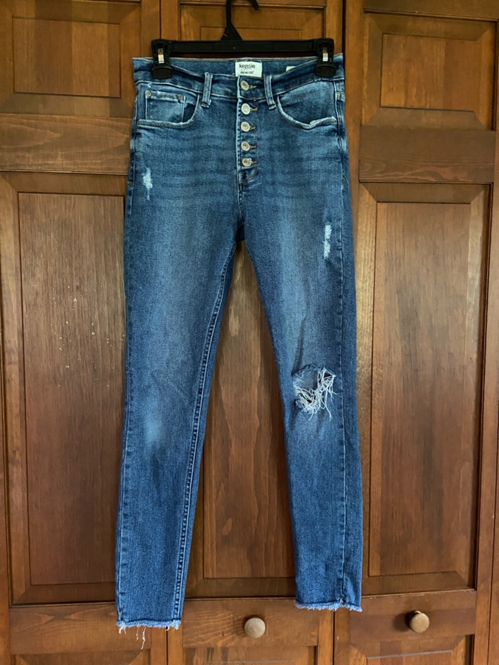 Kensie VintageLuxe Button-Fly Distressed High Rise Skinny Jeans - Blue